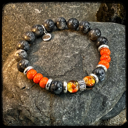 Bracelet SAN DIEGO Perles 10mm, larvikite, magnésite et argent 925. Motif DONUT