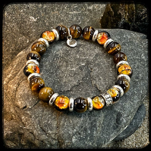 Bracelet TENNESSEE Perles 10mm œil de tigre jaune et argent 925. Motif DONUT
