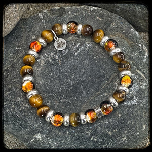 Bracelet TENNESSEE Perles 8mm, œil de tigre jaune et argent 925. Motif DONUT