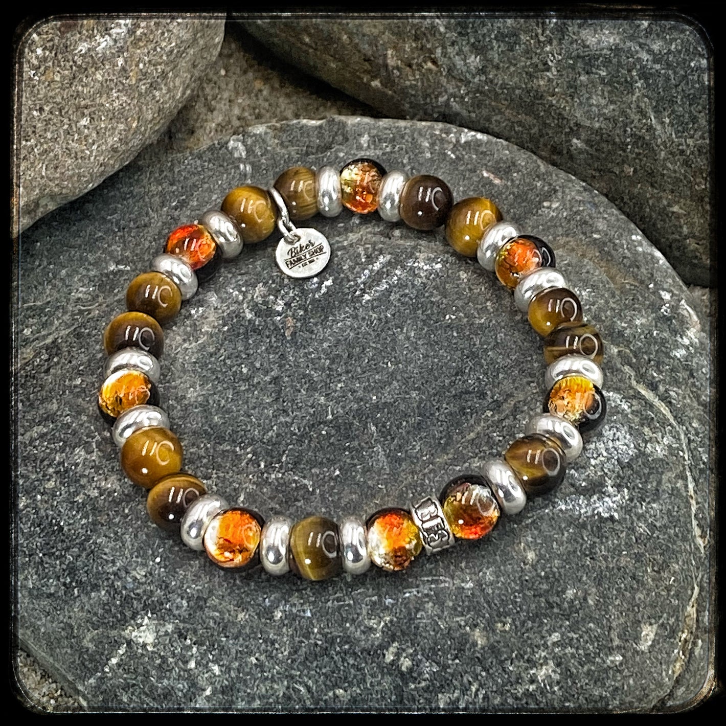 Bracelet TENNESSEE Perles 8mm, œil de tigre jaune et argent 925. Motif DONUT