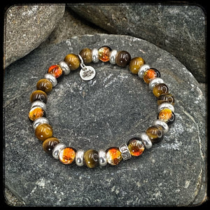 Bracelet TENNESSEE Perles 8mm, œil de tigre jaune et argent 925. Motif DONUT