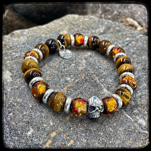 Bracelet TENNESSEE Perles 10mm œil de tigre et argent 925. Motif SKULL