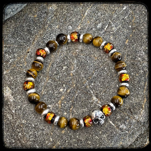 Bracelet TENNESSEE Perles 8mm.Œil de tigre jaune et argent 925. Motif SKULL