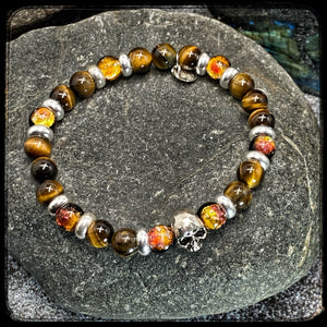 TENNESSEE Unisex Bracelet – 8mm Yellow Tiger Eye Beads – 925 Silver Skull Pattern BFS 