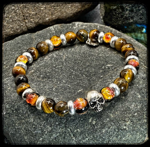 TENNESSEE Unisex Bracelet – 8mm Yellow Tiger Eye Beads – 925 Silver Skull Pattern BFS 