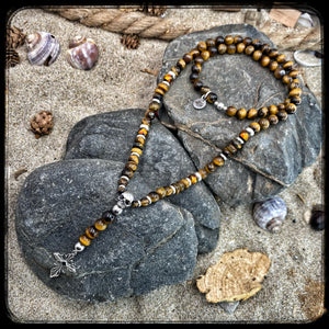 TENNESSEE Unisex Necklace – 10mm Yellow Tiger Eye Beads – 925 Silver