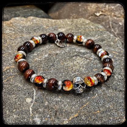 Bracelet TEXAS Perles 8mm œil de taureau et argent 925. Motif SKULL