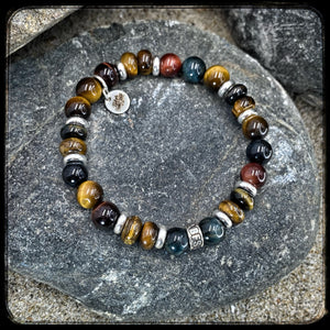Unisex Tobacco Bracelet – 8 mm Bull's Eye, Hawk & Yellow Tiger's Eye Beads – 925 Silver Donut Pattern BFS