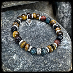 Unisex Tobacco Bracelet – 8 mm Bull's Eye, Hawk & Yellow Tiger's Eye Beads – 925 Silver Donut Pattern BFS