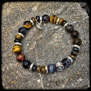 Tobacco Bracelet – 10 mm Tiger Eye, Hawk Eye & Bull Eye Beads – 925 Silver Skull Pattern BFS