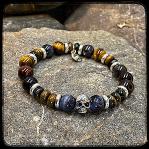Tobacco Bracelet – 10 mm Tiger Eye, Hawk Eye & Bull Eye Beads – 925 Silver Skull Pattern BFS