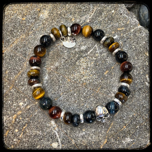 Unisex Tobacco Bracelet – 8mm Tiger's Eye, Hawk's Eye & Bull's Eye Beads – 925 Silver Skull Motif – BFS