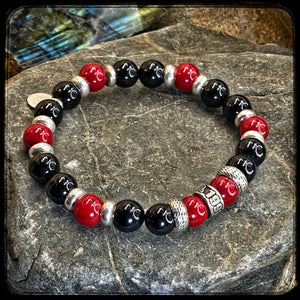 UTAH Bracelet 10mm beads, onyx, red jasper, and 925 silver. DONUT motif
