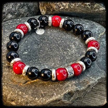 Bracelet UTAH Perles 10mm, onyx, jaspe rouge, et argent 925. Motif DONUT