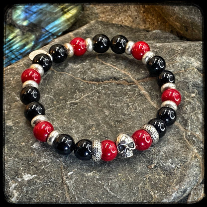 Bracelet UTAH Perles 10mm, onyx, jaspe rouge, et argent 925. Motif SKULL